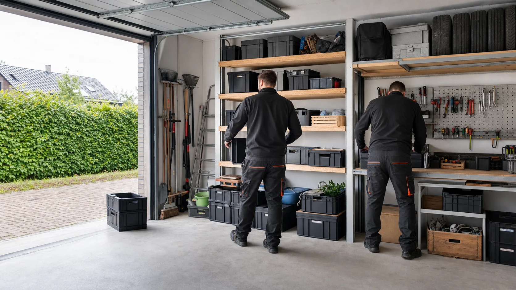 Illustration einer übersichtlich sortierten Garage vor der Entrümpelung