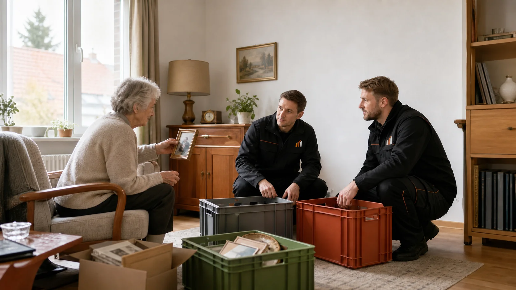 Behutsame Illustration zur Vorbereitung eines Umzugs in ein kleineres Zuhause